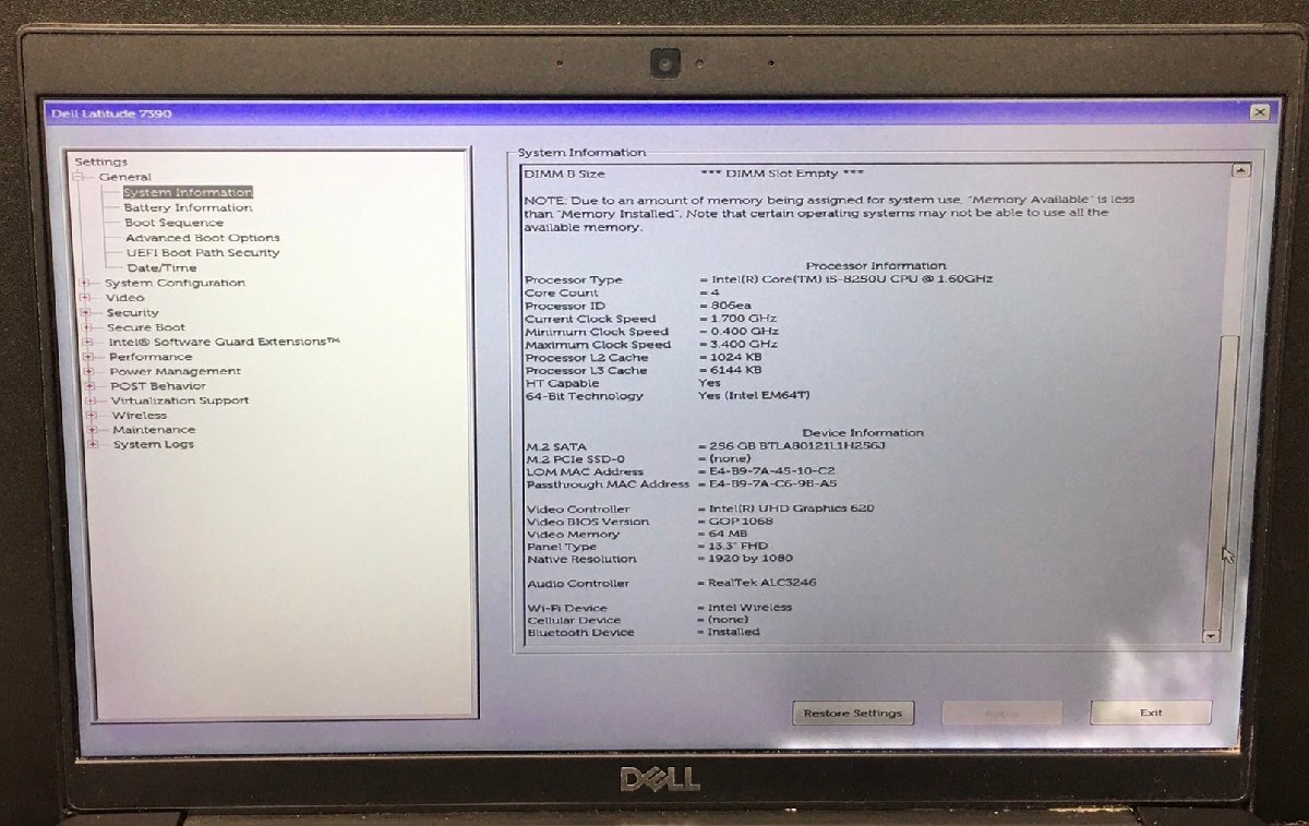 1円～ ■ジャンク DELL LATITUDE 7390 / Core i5 8250U 1.60GHz / メモリ 8GB / SSD 256GB / 13.3型 / OS無し / BIOS起動可_画像2