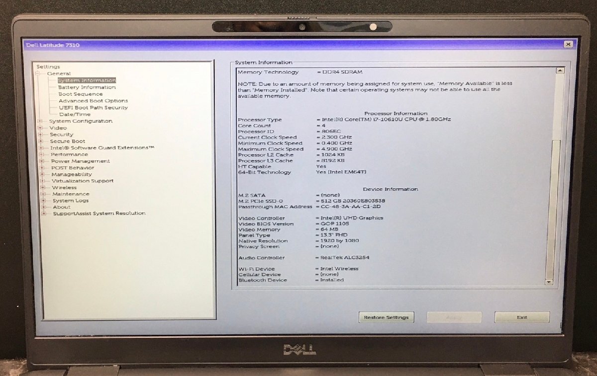 1円～ ■ジャンク DELL LATITUDE 7310 / 第10世代 / Core i7 10610U 1.80GHz / メモリ 16GB / SSD 512GB / 13.3型 / OS有り / BIOS可の画像3