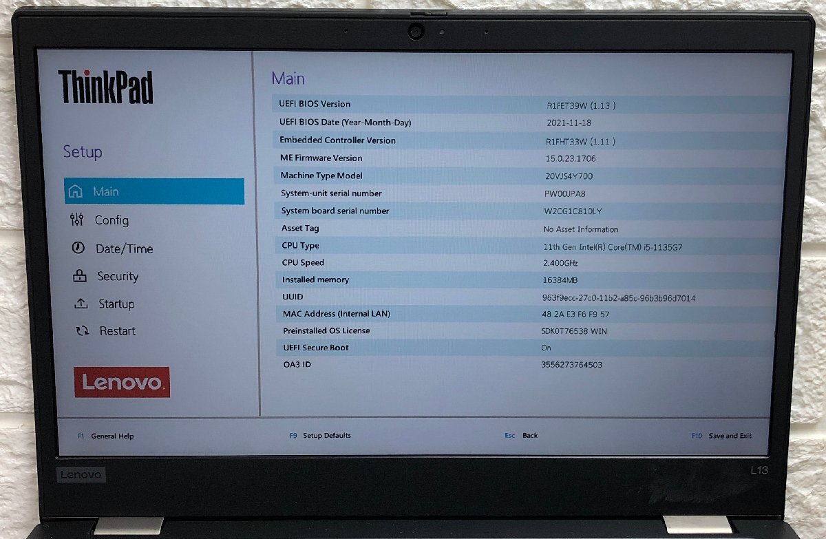 1円～ ■ジャンク LENOVO ThinkPad L13 Gen2 / Core i5 1135G7 2.40GHz / メモリ16GB / NVMe SSD 256GB / 13.3型 / OS有 / BIOS起動可_画像2