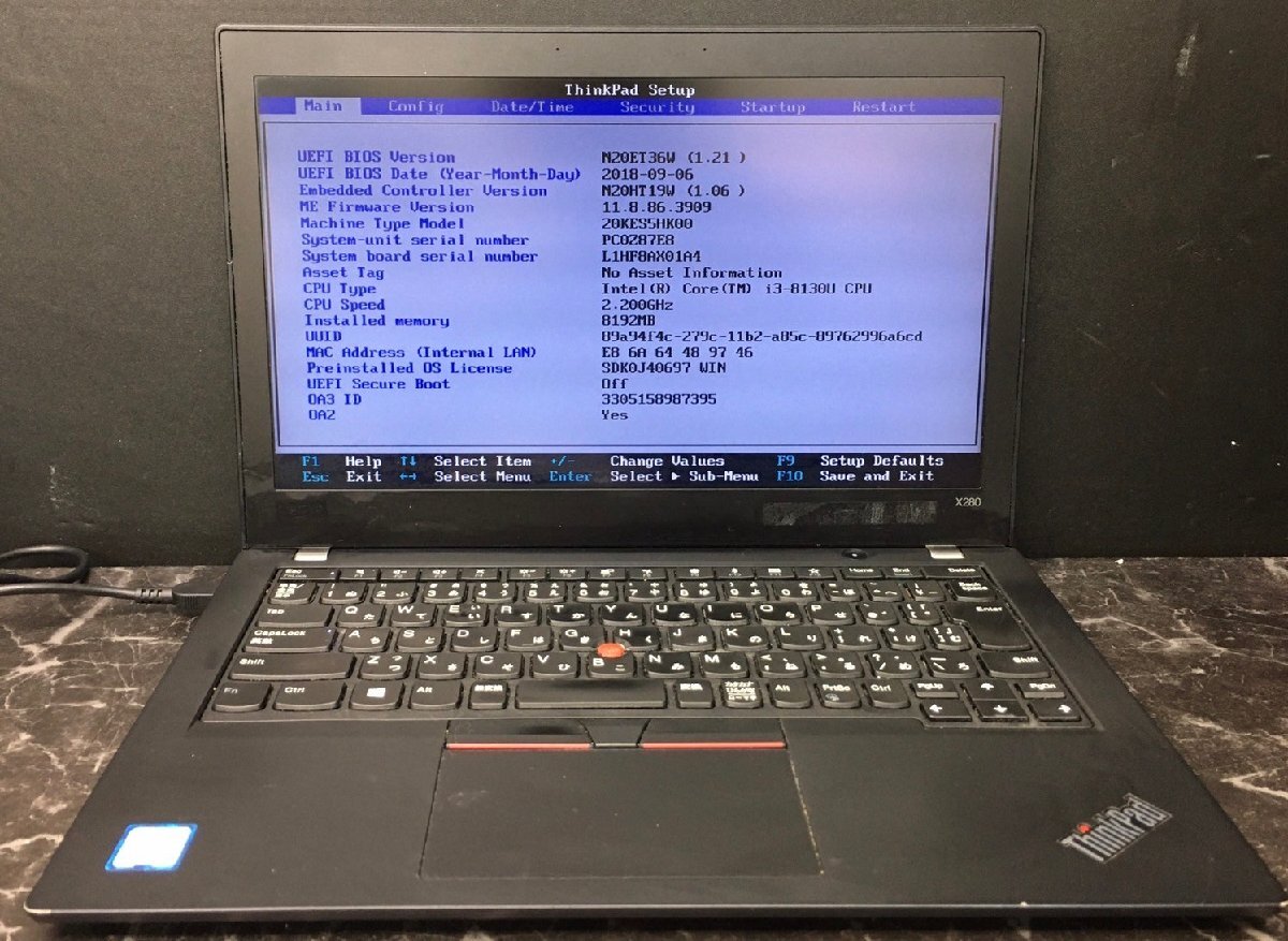 1円～ ■ジャンク LENOVO ThinkPad X280 / 第8世代 / Core i3 8130U 2.20GHz / メモリ 8GB / SSD 128GB / 12.5型 / OS無 / BIOS起動可_画像1