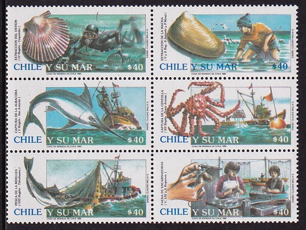 3 チリ【未使用】＜「1990 SC#895 漁業」 6種完(連刷ブロック) ＞の画像1