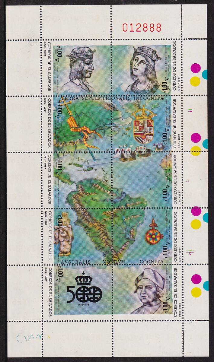 25 エルサルバドル【未使用】＜「1987 アメリカ新大陸発見500年」 組合せ・小型シート(10種連刷) ＞の画像1