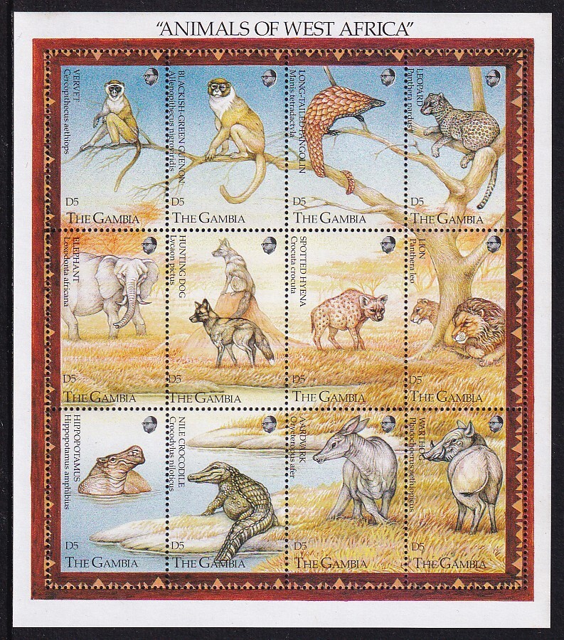 26 ガンビア【未使用】＜「1993 西アフリカの動物」 組合せ・小型シート(12種連刷) ＞ の画像1