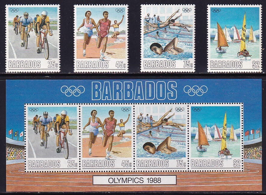 1 バルバドス【未使用】＜「1988 夏季オリンピック・ソウル大会」 4種完、組合せ・小型シート(4種連刷) ＞の画像1