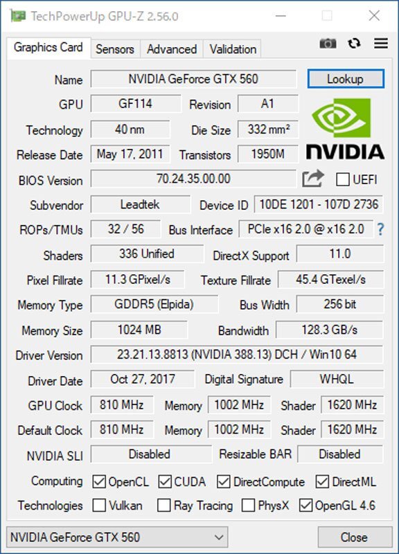 中古グラフィックカード 動作確認済 WinXP～Win10 LINUX ★ LEADTEK NVIDIA GeForce GTX 560 GDDR5 1024MB 256bit DVI/miniHDMI #2546-K_画像5