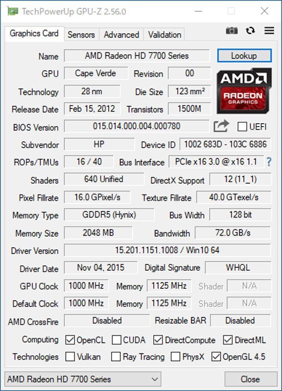 中古グラフィックカード 動作確認済 WinXP～Win10 LINUX ★ DELL AMD Radeon HD 7770 GDDR5 2048MB 128bit DVI/HDMI/DisplayPort #2550-Kの画像5