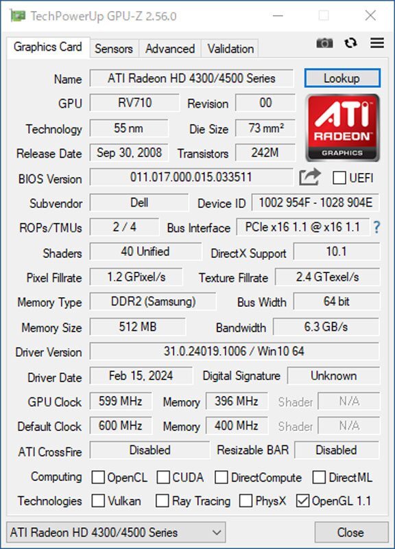 中古グラフィックカード 動作確認済 WinXP～Win8 LINUX ★ DELL AMD Radeon HD 4350 DDR2 512MB 64bit VGA/DVI/HDMI #2560-Kの画像4