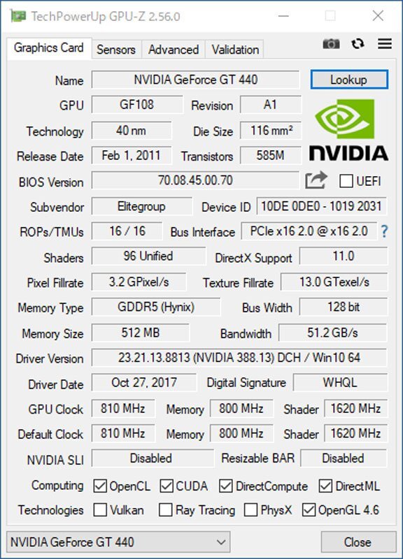 中古グラフィックカード 動作確認済 WinXP～Win10 LINUX ★ ECS NVIDIA GeForce GT 440 GDDR5 512MB 128bit VGA/DVI/HDMI #2561-Kの画像4