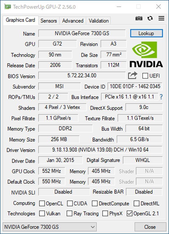 中古グラフィックカード 動作確認済 WinXP～Win8 LINUX ★ MSI NVIDIA GeForce 7300 GS DDR2 256MB 64bit DVI/VIDEO #2378-K_画像4