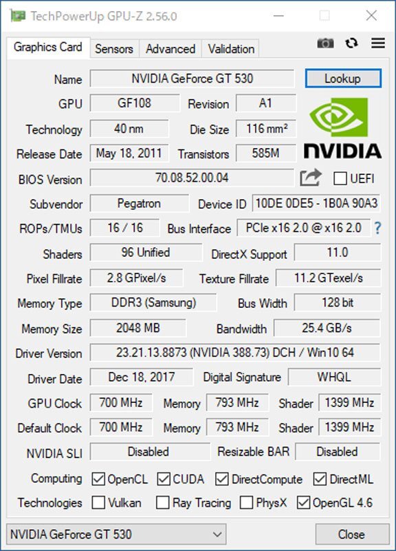 中古グラフィックカード 動作確認済 XP～Win10 LINUX ロープロ ★ Pegatron NVIDIA GeForce GT 530 DDR3 2048MB 128bit DVI/HDMI #2589-Kの画像4