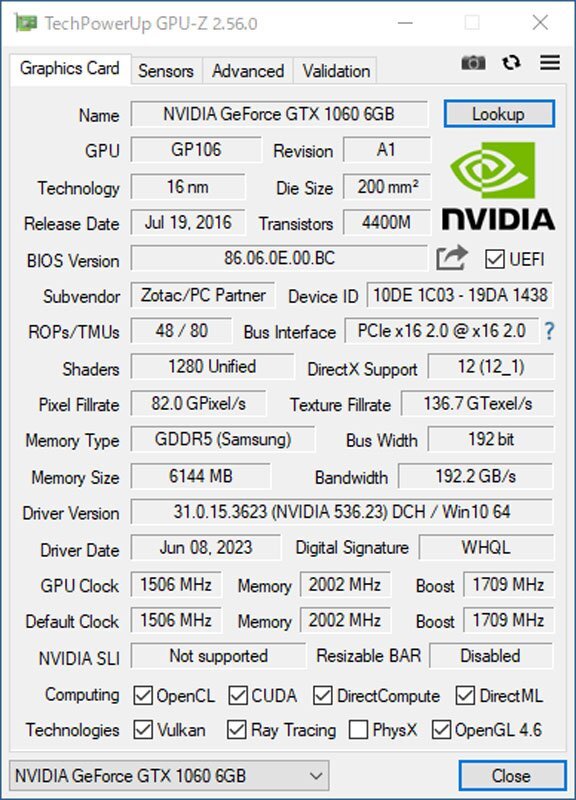 改造品 中古グラフィックカード 動作確認済 Vista～Win11 LINUX ★ ZOTAC NVIDIA GeForce GTX 1060 GDDR5 6GB 192bit DVI/HDMI/DP #2628-Kの画像5