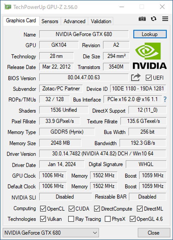 中古グラフィックカード 動作確認済 Vista～Win11 LINUX ★ ZOTAC NVIDIA GeForce GTX 680 GDDR5 2GB 256bit DVI/HDMI/DP #2632-Kの画像5