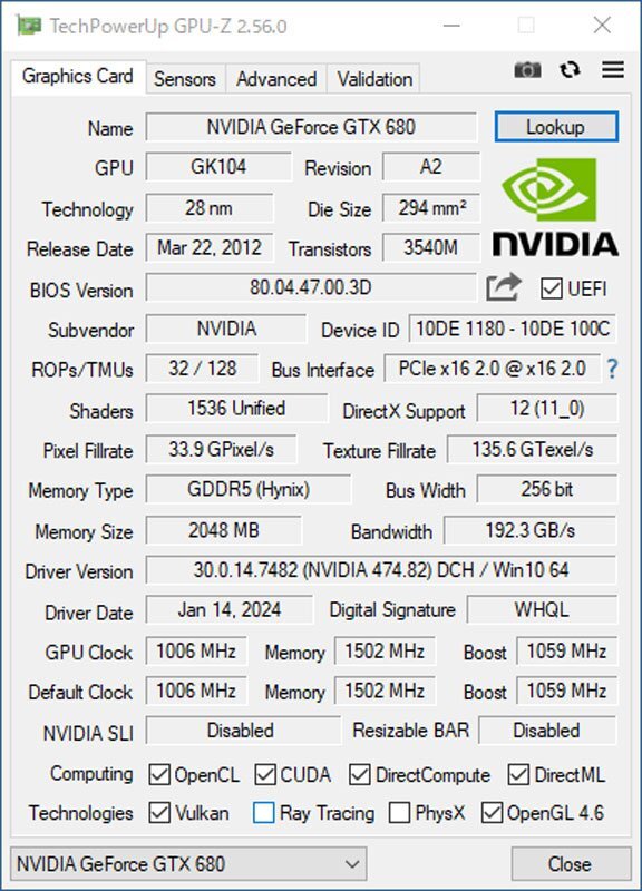 中古グラフィックカード 動作確認済 Vista～Win11 LINUX ★ HP NVIDIA GeForce GTX 680 GDDR5 2048MB 256bit DVI/HDMI/DP #2640-Kの画像5