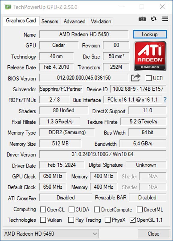 中古グラフィックカード 動作確認済 WinXP～Win10 LINUX ★ SAPPHIRE AMD Radeon HD 5450 DDR2 512MB 64bit VGA/DVI/HDMI #2655-Kの画像4