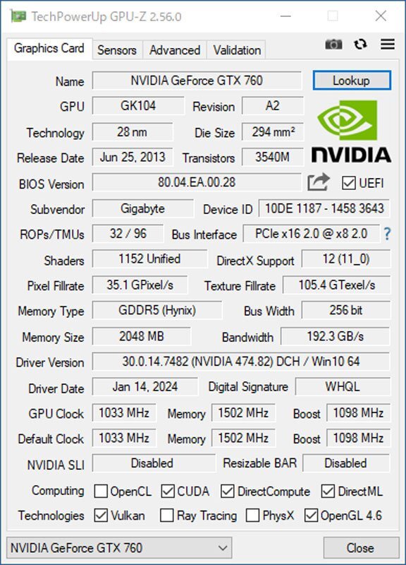 中古グラフィックカード 表示確認済 WinXP～Win10 LINUX ★ GIGABYTE NVIDIA GeForce GTX 760 GDDR5 1024MB 256bit DVI/HDMI/DP #2689-Kの画像5