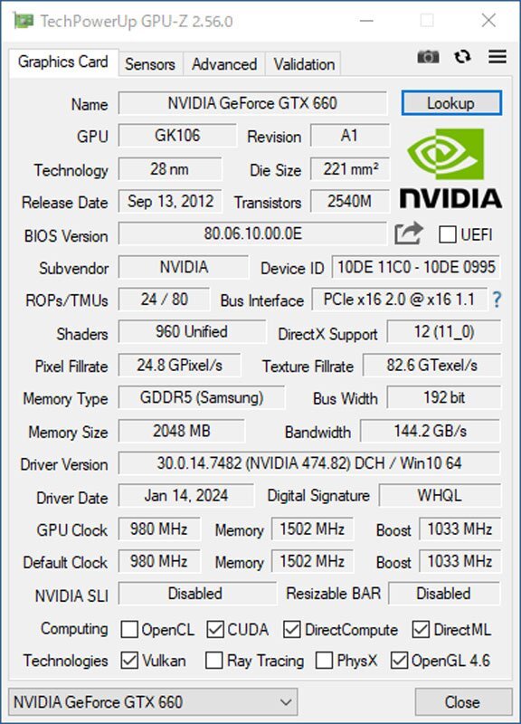 中古グラフィックカード 動作確認済 Vista～Win11 LINUX ★ ASUS NVIDIA GeForce GTX 660 GDDR5 2048MB 192bit DVI/HDMI/DP #2698-Kの画像5