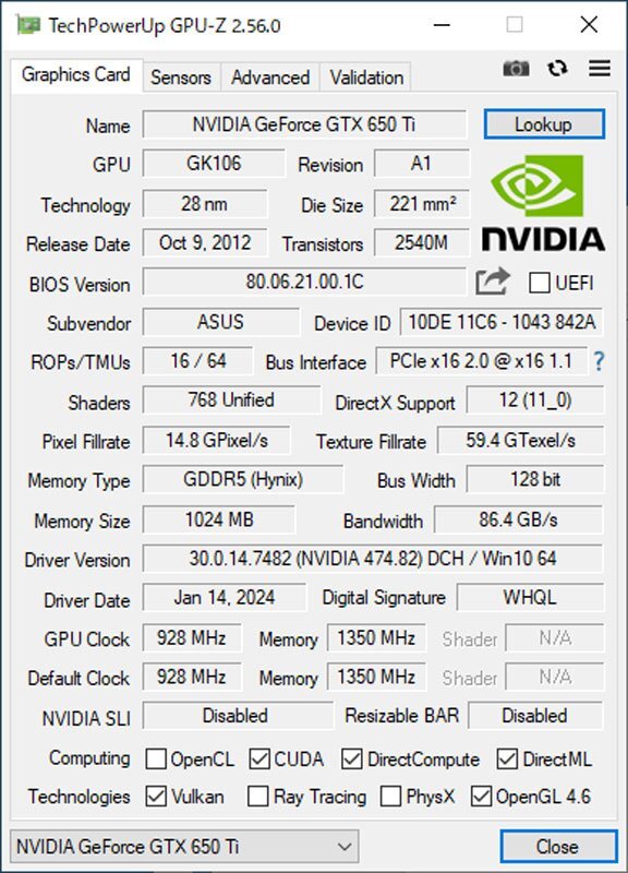 中古グラフィックカード 動作確認済 Vista～Win11 LINUX ★ ASUS NVIDIA GeForce GTX 650 Ti GDDR5 1024MB 128bit VGA/DVI/HDMI #2701-Kの画像5