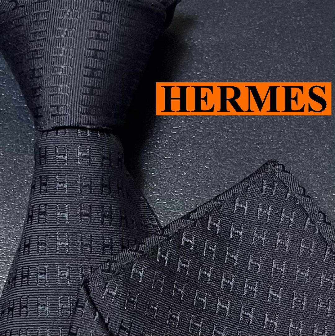 激レア 美品 HERMES エルメス ネクタイ シルク ファソネH H柄 H織 刺繍 ジャガード 通勤 メンズ ビジネス ネイビー 紺の画像1