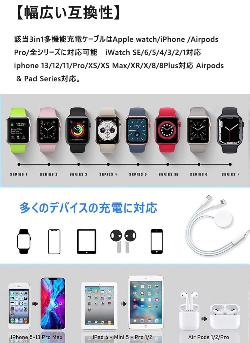 apple watch 9/8/7/6/SE3 充電ケーブル　iphone  Lightningケーブル　3in1 便利　オススメ