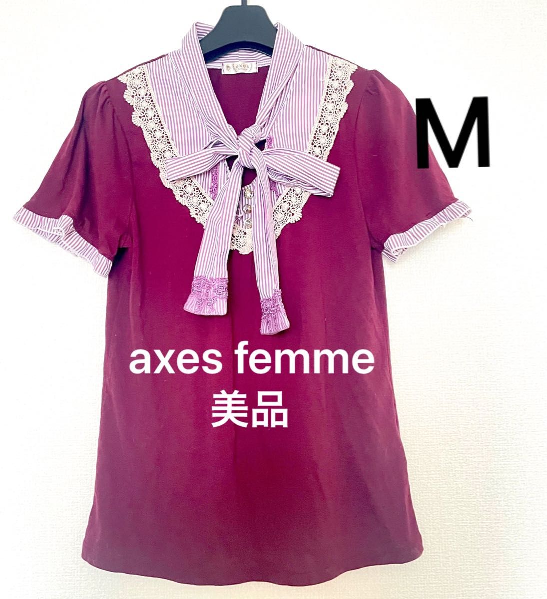 美品 axes femme ボウタイ ボーダー カットソー M レース トップス Tシャツ ワインレッド 半袖 アクシーズファム