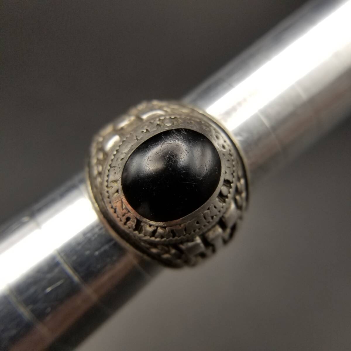 1985年 米国 ヴィンテージ カレッジリング Indiana University オニキス オーバル カボション 925 シルバー 銀 指輪 重厚感 メンズ Y14-H_画像9