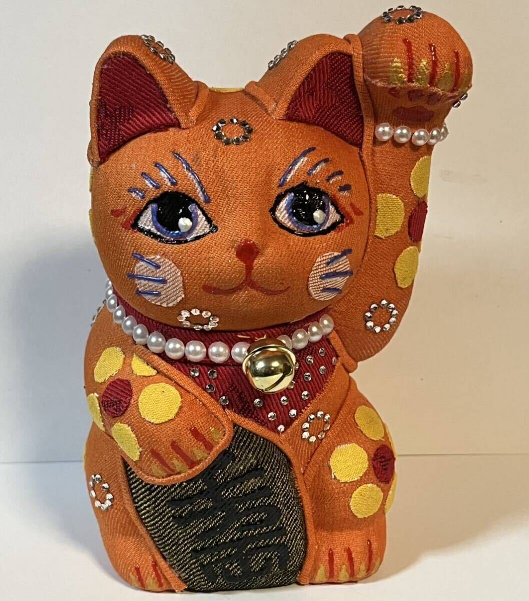 デニムまねき猫 招き猫 陶器 ラインストーン 手作り 一品物 カスタム アート 置物 ラッキーキャットの画像1