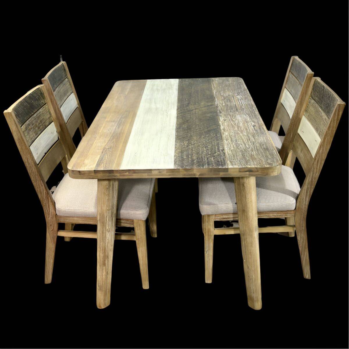 ダイニングテーブル 椅子セット ダイニング5点セット ダメージ仕上げ ファブリック座面 木製椅子 食卓テーブル 中古品の画像2