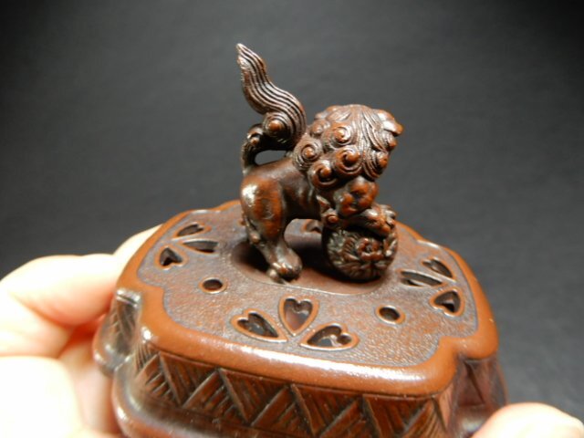 佐野宏采 木瓜山水 香炉 玉獅子摘み 透かし彫り 在銘 共箱付き 茶道具 香道具 Z-260の画像10