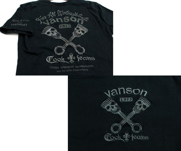 【コラボ】バンソン×Cook jeans vanson ロゴ×スカル刺繍 クルーネック半袖Tシャツ カットソー サイズXS-S相当 0415a_画像3