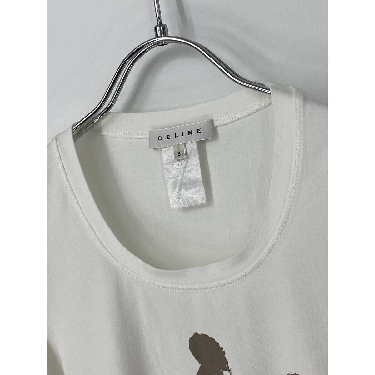 A8350/美品 春夏 CELINE セリーヌ コットン ビッグ デカロゴ プリント Uネック 半袖 Tシャツ カットソー S 白/ポルトガル製 レディースの画像3