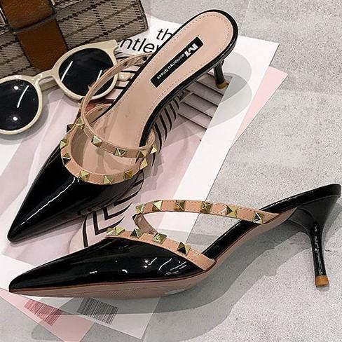 24cm studs mules pin heel po Inte dotu lady's sandals cool stylish black M585