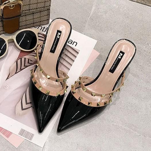 24cm studs mules pin heel po Inte dotu lady's sandals cool stylish black M585