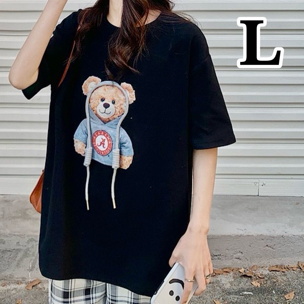 Tシャツ 半袖 可愛い プリント くま クマ ベア 黒 L ビックサイズ