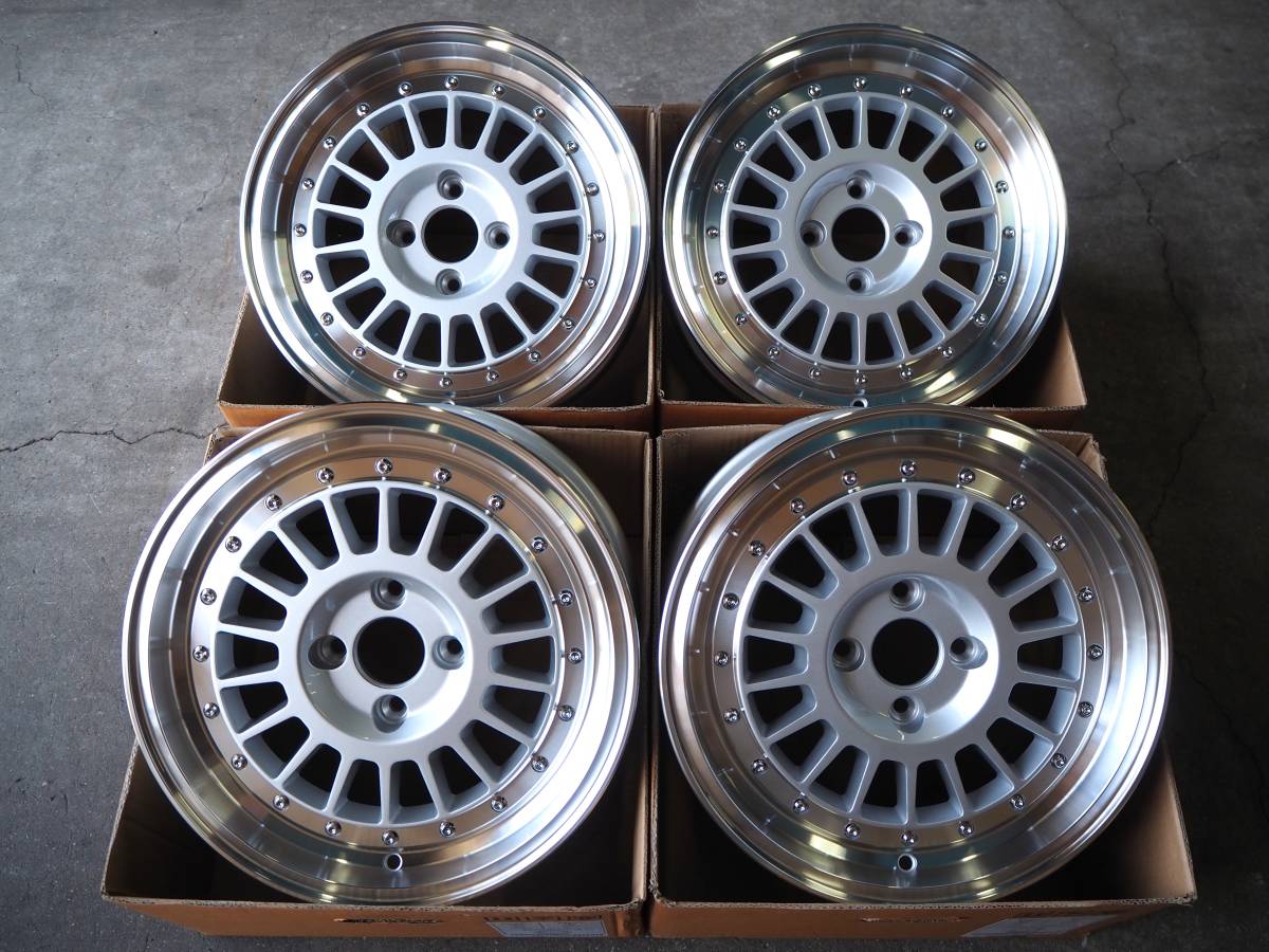 ★旧車 スタンス★15inch 7J+35 4H100 新品 人気 深リム メッシュホイール 1台分 タイヤset可能 アクア シビック 軽トラ カスタム シルバー_画像1