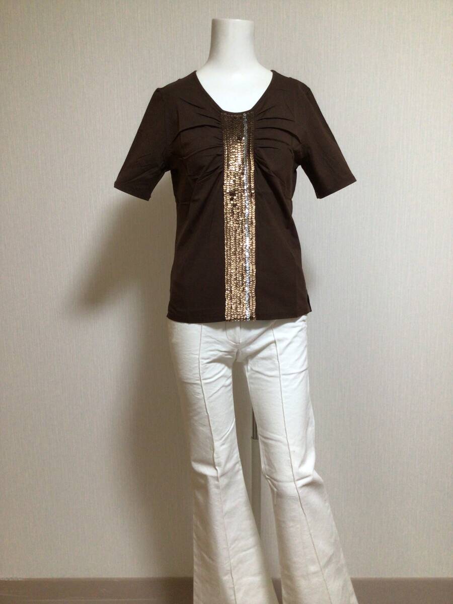 qvc037／fiSol デザイン性のあるスパンコール半袖Tシャツ／ブラウン／M／CS6069_画像1