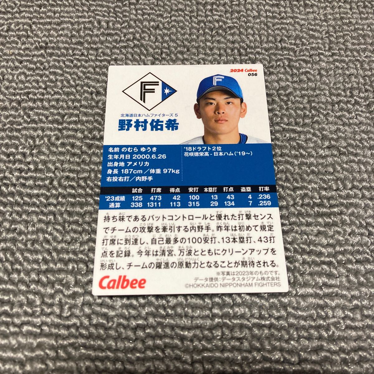 カルビー　2024プロ野球チップス　第1弾　レギュラーカード　056　北海道日本ハムファイターズ　野村佑希_画像2