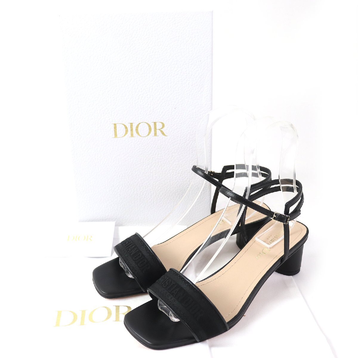 не использовался товар ^ Christian Dior обычная цена 162000 иен Dway атлас овчина Logo embro Ida Lee квадратное tu каблук сандалии чёрный 37.5