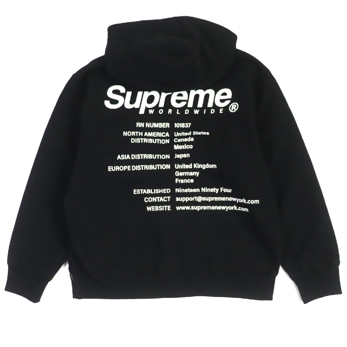 美品▼Supreme シュプリーム 23SS Worldwide Hooded Sweatshirt ロゴ刺繍 バックプリント パーカー ブラック M カナダ製 正規品 メンズ_画像3