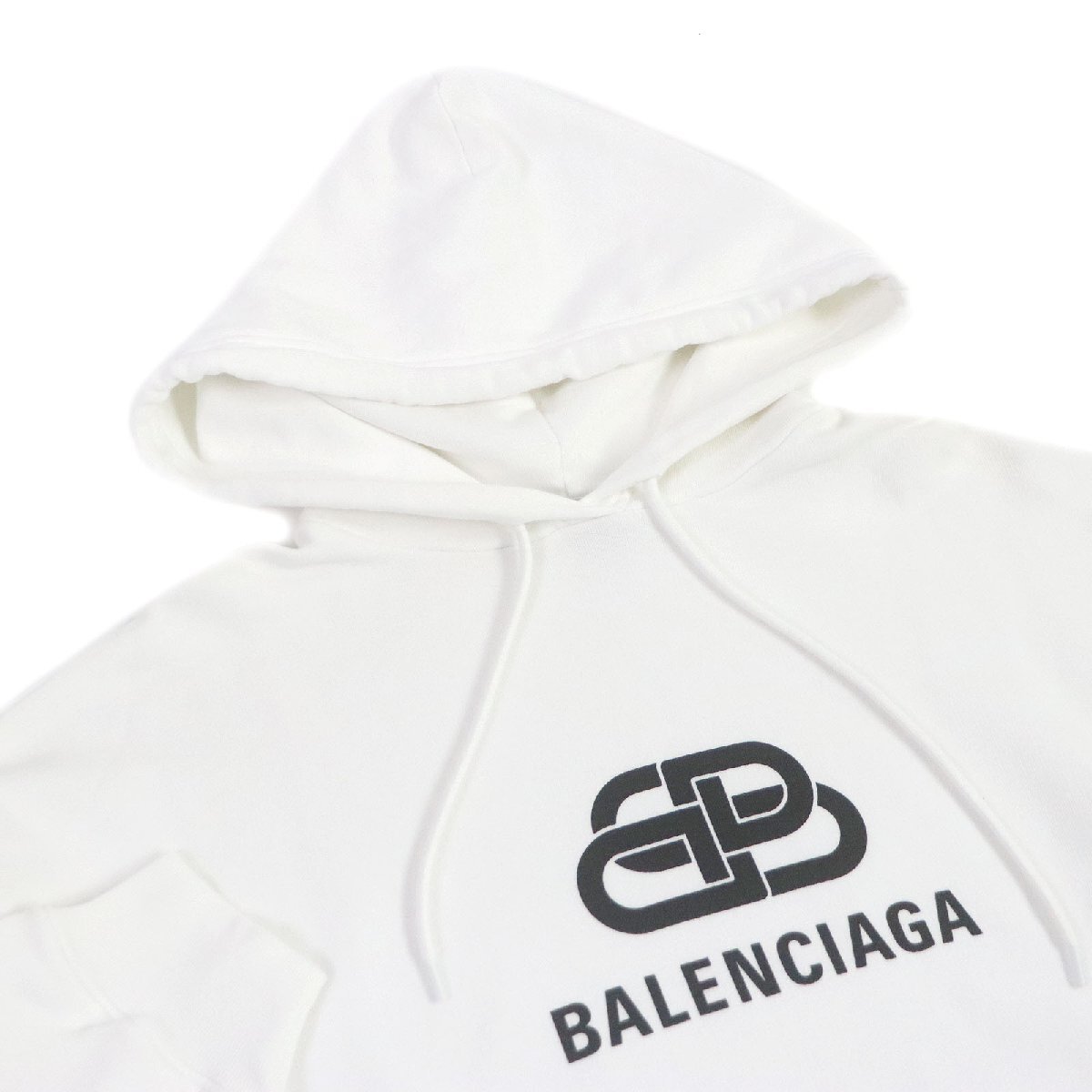 極美品□BALENCIAGA バレンシアガ 2019年製 570811 コットン BBロゴプリント プルオーバー フーディー パーカー ホワイト L 正規品_画像2