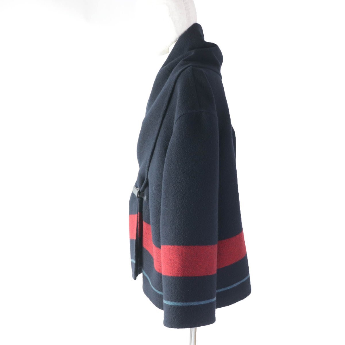  beautiful goods *HERMES Hermes cashmere 100% leather using ro cover ru poncho coat navy Red Bull -36 France made lady's 