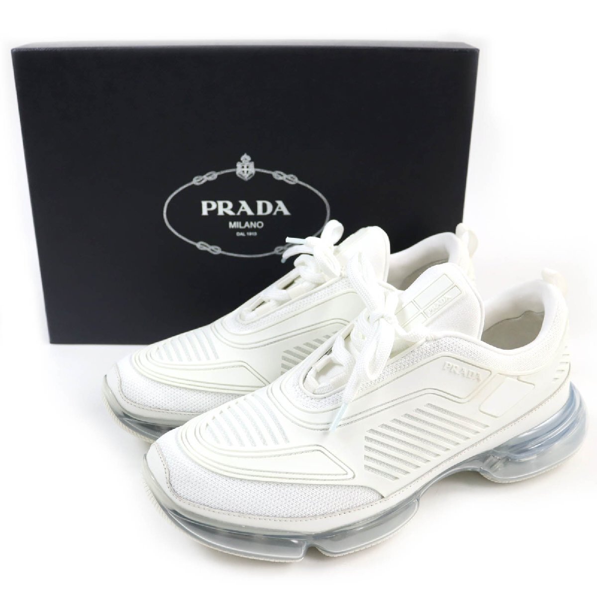 美品△PRADA プラダ 2EG298 クラウドバスト エア ロゴ入り スニーカー ホワイト 6 箱付き メンズ 人気 オススメ◎_画像2