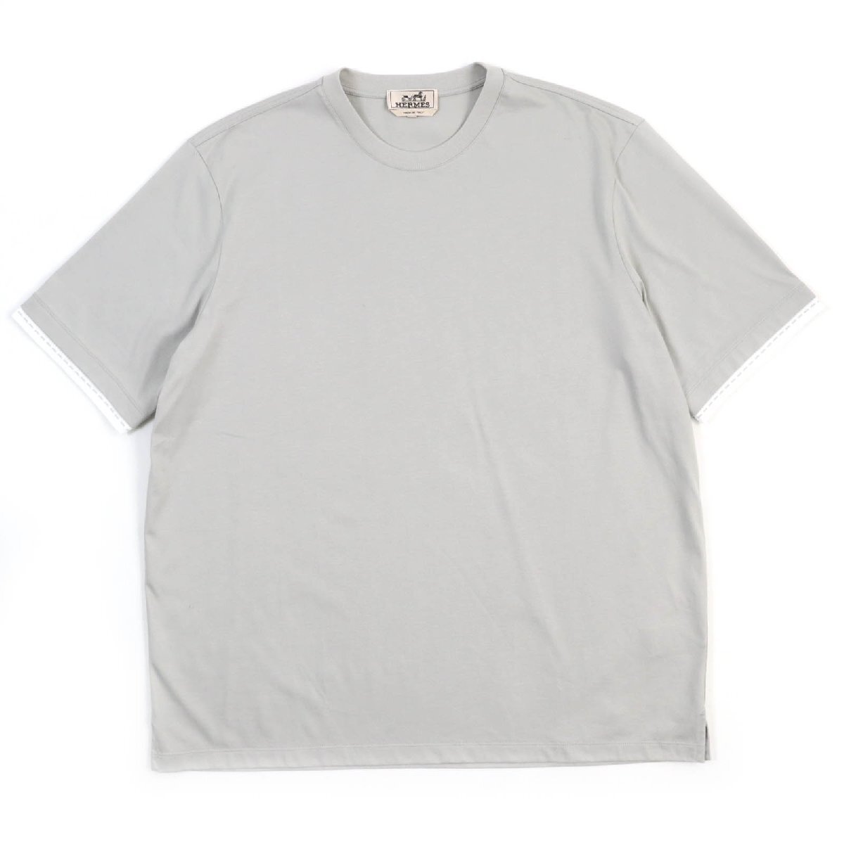 未使用品△HERMES エルメス 2024年制 コットン100％ 袖レイヤード風(fēng) 半袖Ｔシャツ ライトグレー L イタリア制 正規(guī)品 メンズ シンプル◎