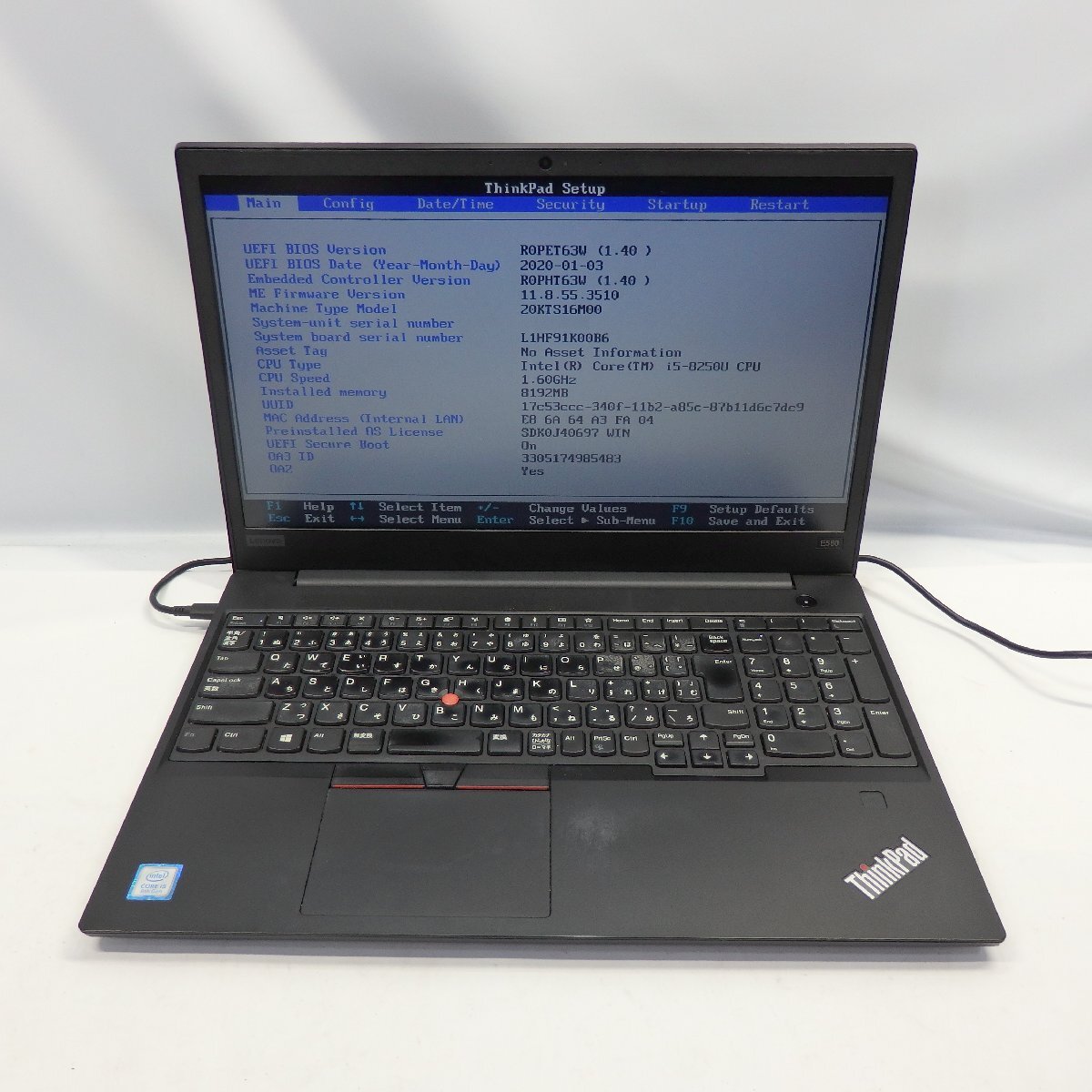 1円～【ジャンク】Lenovo ThinkPad E580 Core i5-8250U 1.6GHz/8GB/SSD256GB/15インチ/OS無/AC無【栃木出荷】の画像1