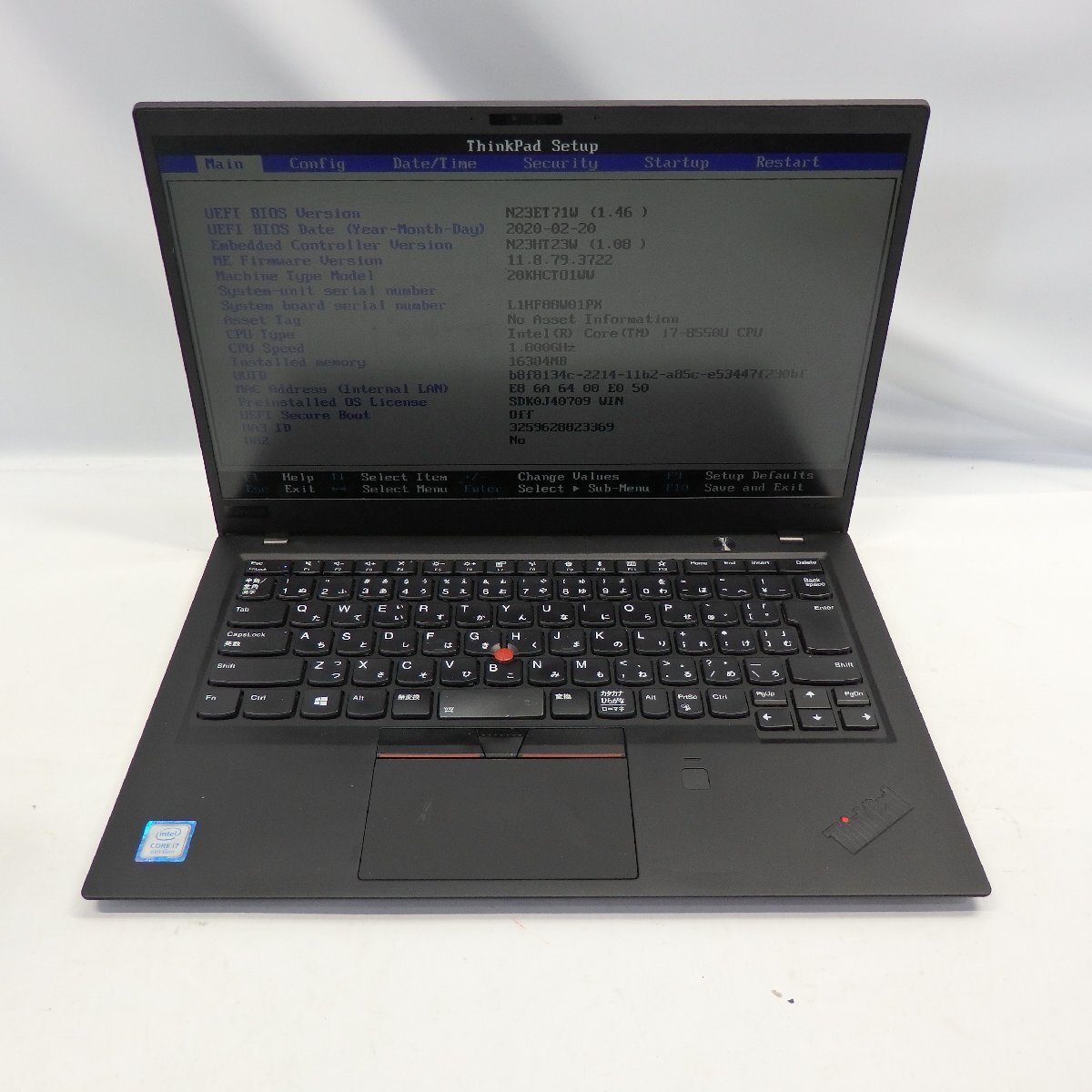 1円～【ジャンク】Lenovo ThinkPad X1 Carbon Core i7-8550U 1.8GHz/16GB/SSD256GB/14インチ/OS無【栃木出荷】の画像1