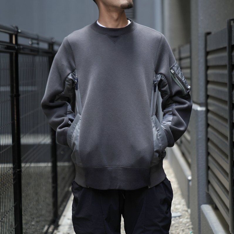 Sacai サカイ 19AW SCM-032 MA-1 Pullover Sponge Sweat 異素材 ドッキング スポンジ クルーネック スウェット ブラック系 3【中古】_画像6