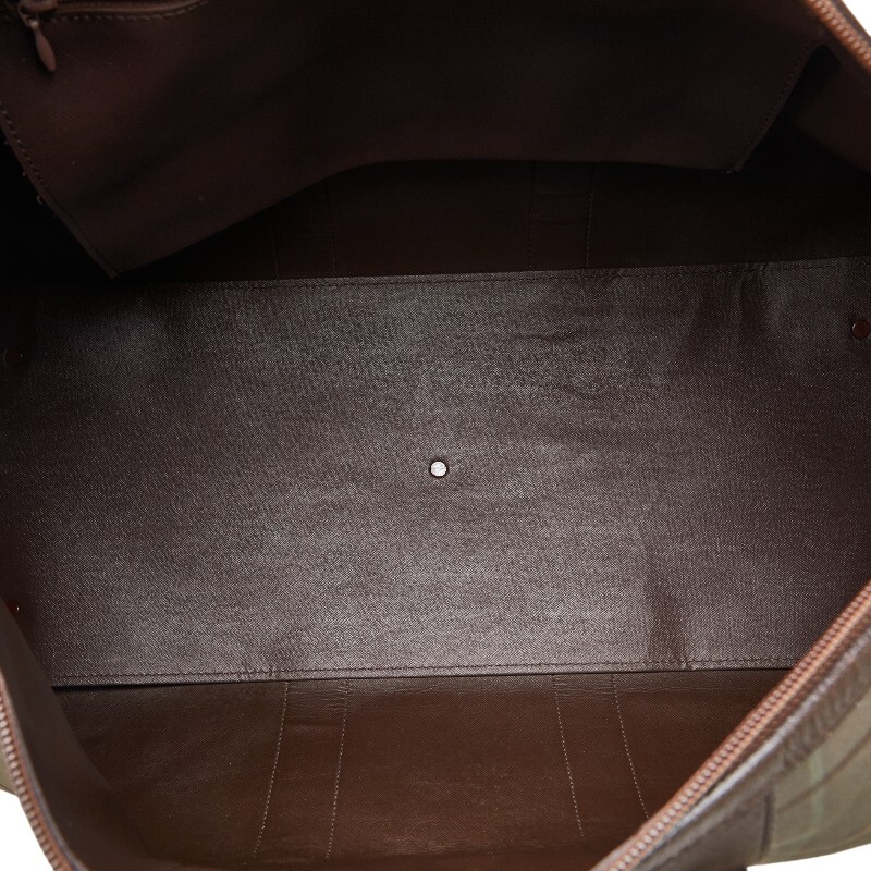  Burberry проверка сумка "Boston bag" путешествие сумка путешествие для сумка хаки Brown парусина кожа женский BURBERRY [ б/у ]