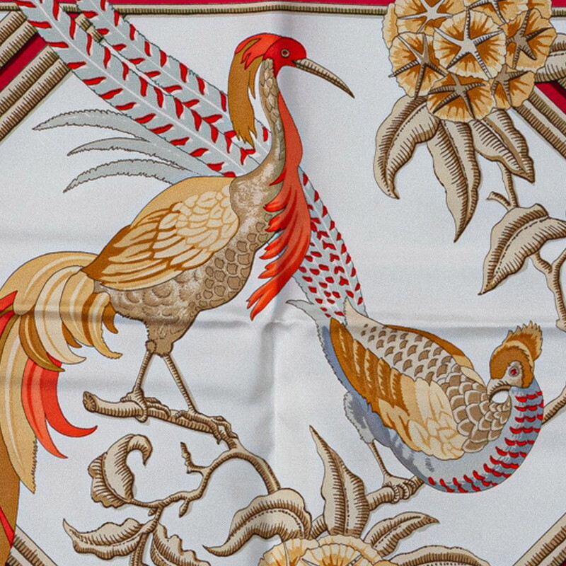 エルメス カレ90 Caraibes カリブ鳥 スカーフ レッド マルチカラー シルク レディース HERMES 【中古】_画像2