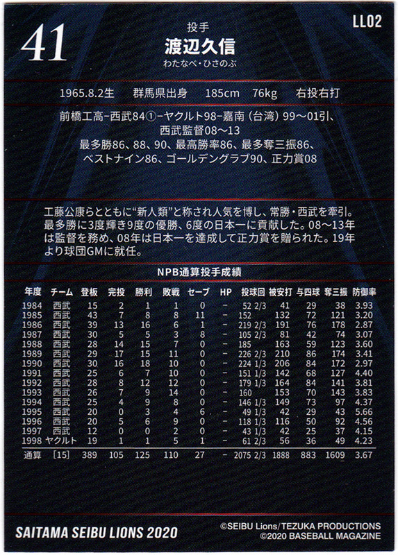 2020年 埼玉西武ライオンズ 球団公式 野球振興カード LL02 レジェンド 渡辺久信 野球カード_画像2