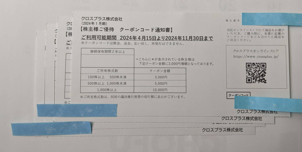 クロスプラス 株主優待 クーポンコード 12000円分(3000円×4) 取引ナビ通知 最新の画像1