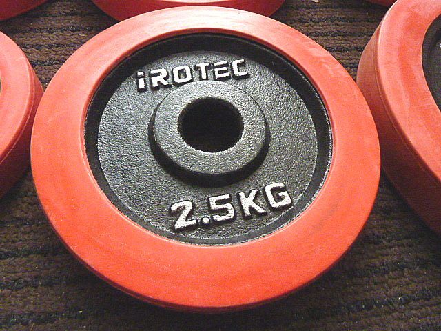 t302⑥ アイロテック iROTEC ラバー付き プレート ダンベル バーベル 5kg×4/2.5kg×2/1.25kg×2 計27.5kg バー 2本付 筋トレ トレーニングの画像5